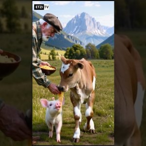 friendly calf meets piglet and eats spaghetti #animals #cow #pig  #cuteanimals #cute #spaghetti